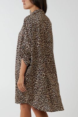SATIN LEOPARD PRINT SHIRT DRESS