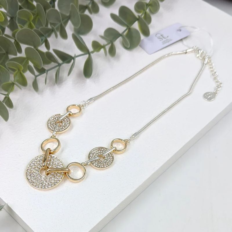 OPEN CRYSTAL DISCS AND CIRCLES 2 TONE NECKLACE