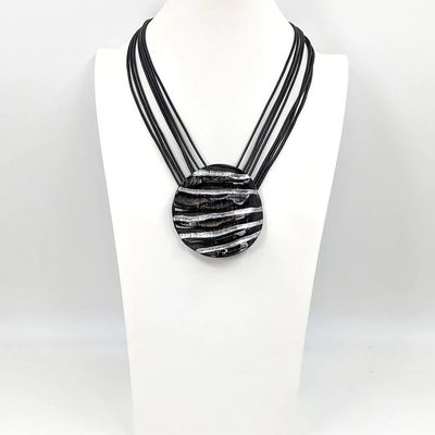 LUXURY ROUND HORN PENDANT NECKLACE WITH RIDGES AND SILVER DETAIL ON MULTI WAX CORD