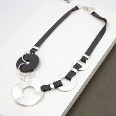 MATT SILVER INTERLINKING CIRCLES WITH GREY LEATHER