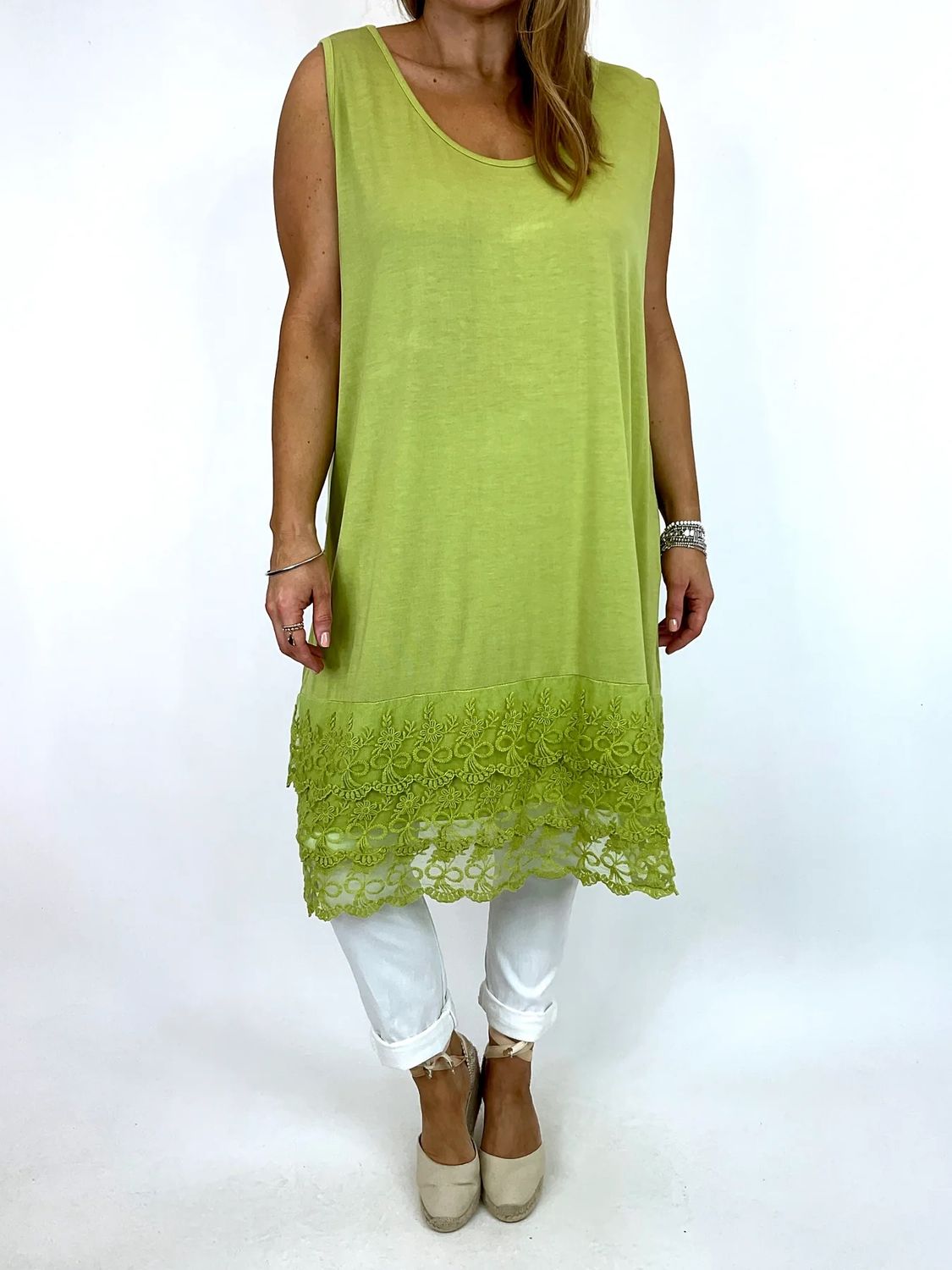 MADE IN ITALY LAGENLOOK CARA JERSEY RUFFLE LACE HEM VEST TOP PISTACHIO GREEN MADE IN ITALY LAGENLOOK CARA JERSEY RUFFLE LACE HEM VEST TOP PISTACHIO GREEN