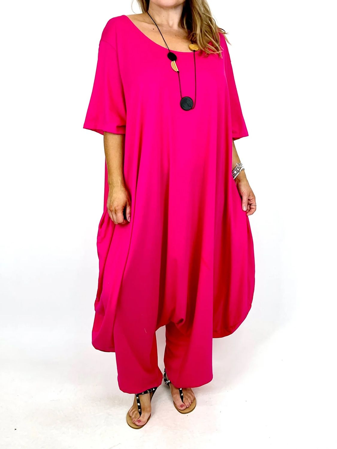 MADE IN ITALY LAGENLOOK PLAIN CURVE JUMPSUIT, COLOUR: FUCHSIA