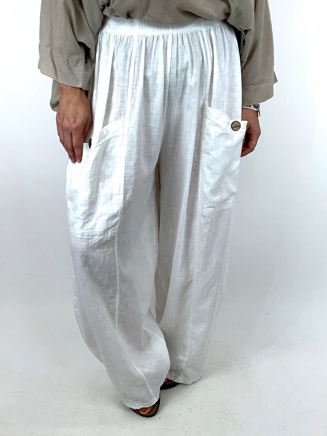 MADE IN ITALY LAGENLOOK ELIZA WIDE LEG LINEN TROUSERS, COLOUR: WHITE