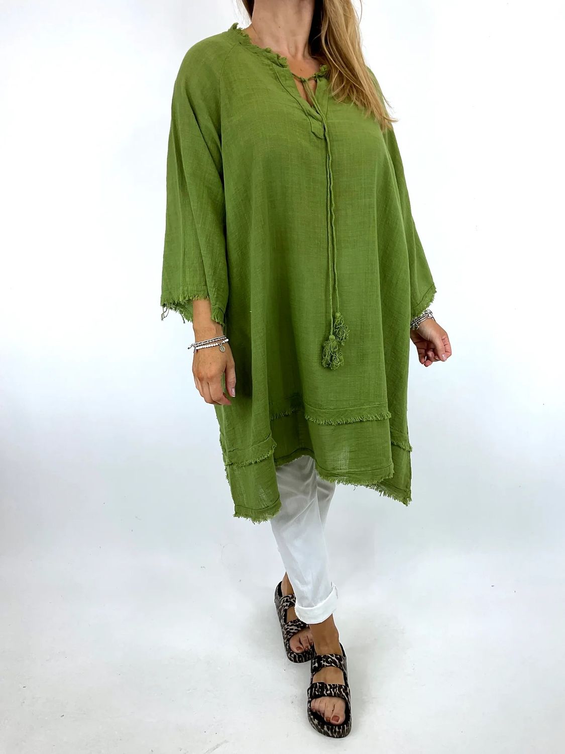 MADE IN ITALY LAGENLOOK ANYA COTTON TIE TOP, COLOUR: OLIVE