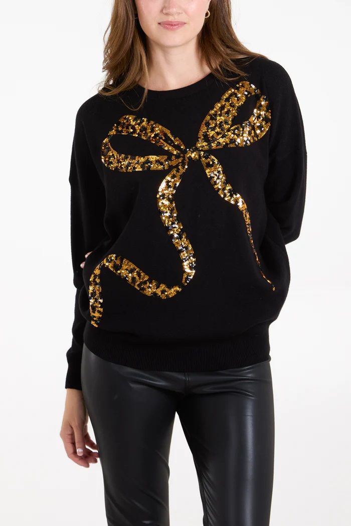 Leopard Bow Sequin Jumper, Size: S-M