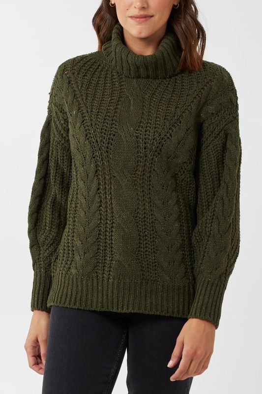 Cable Knit Roll Neck Jumper Olive