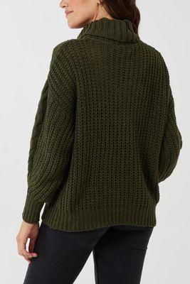 Cable Knit Roll Neck Jumper Olive