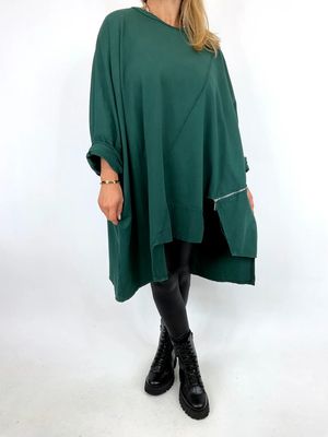 Lagenlook Abbie Asymmetrical Sweatshirt in Bottle Green