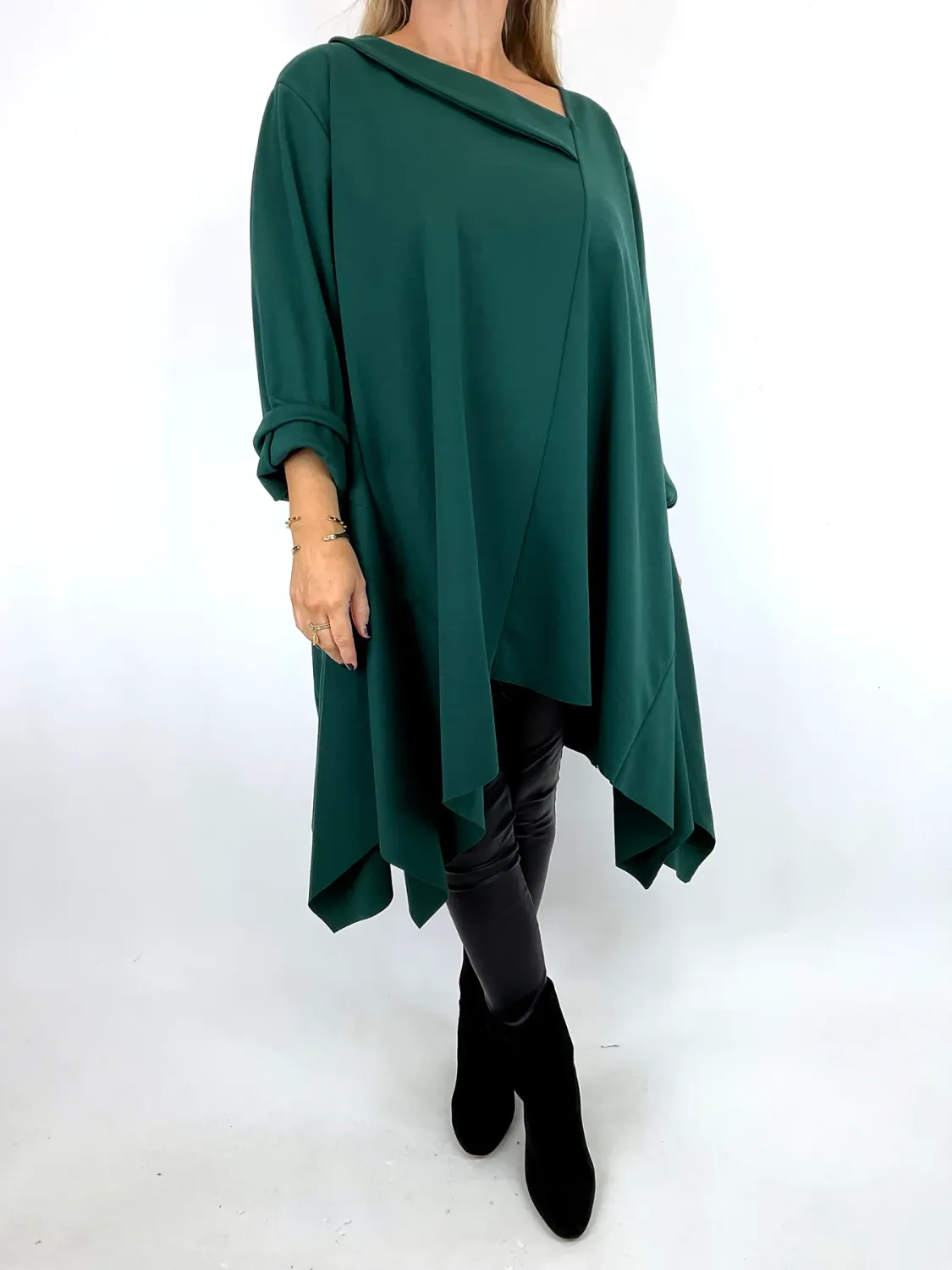 Lagenlook Munro Collared Top in Bottle Green