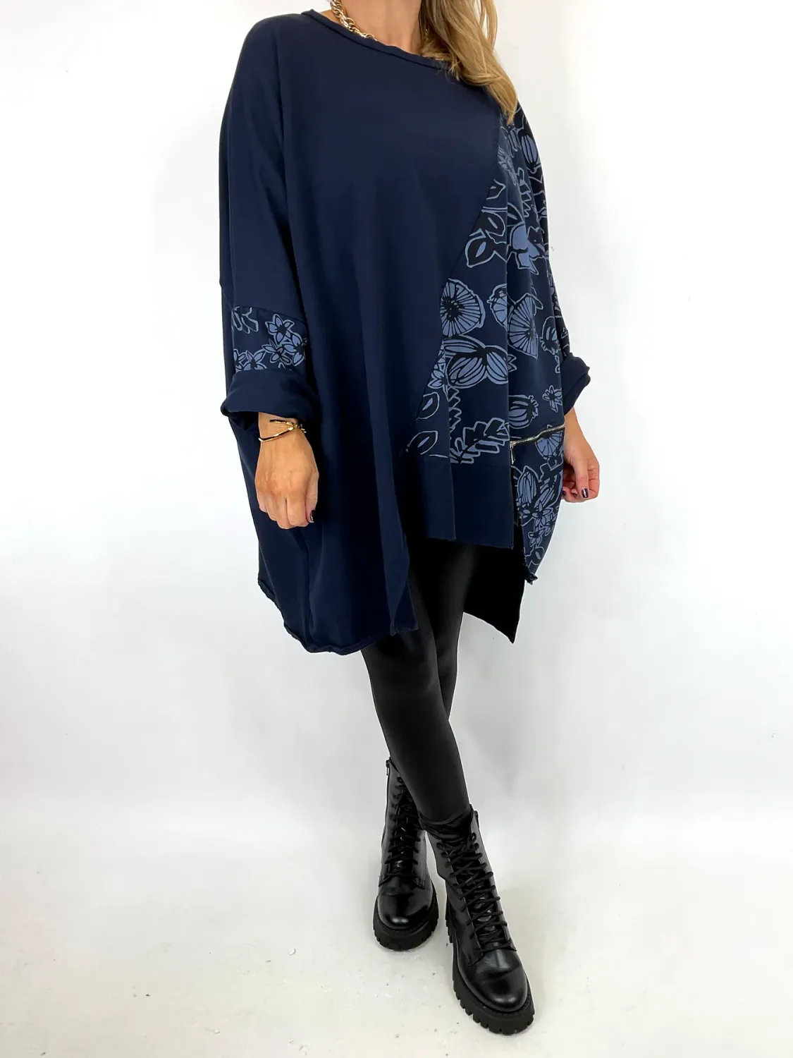 Lagenlook Jenna Floral Sweatshirt in Navy Blue