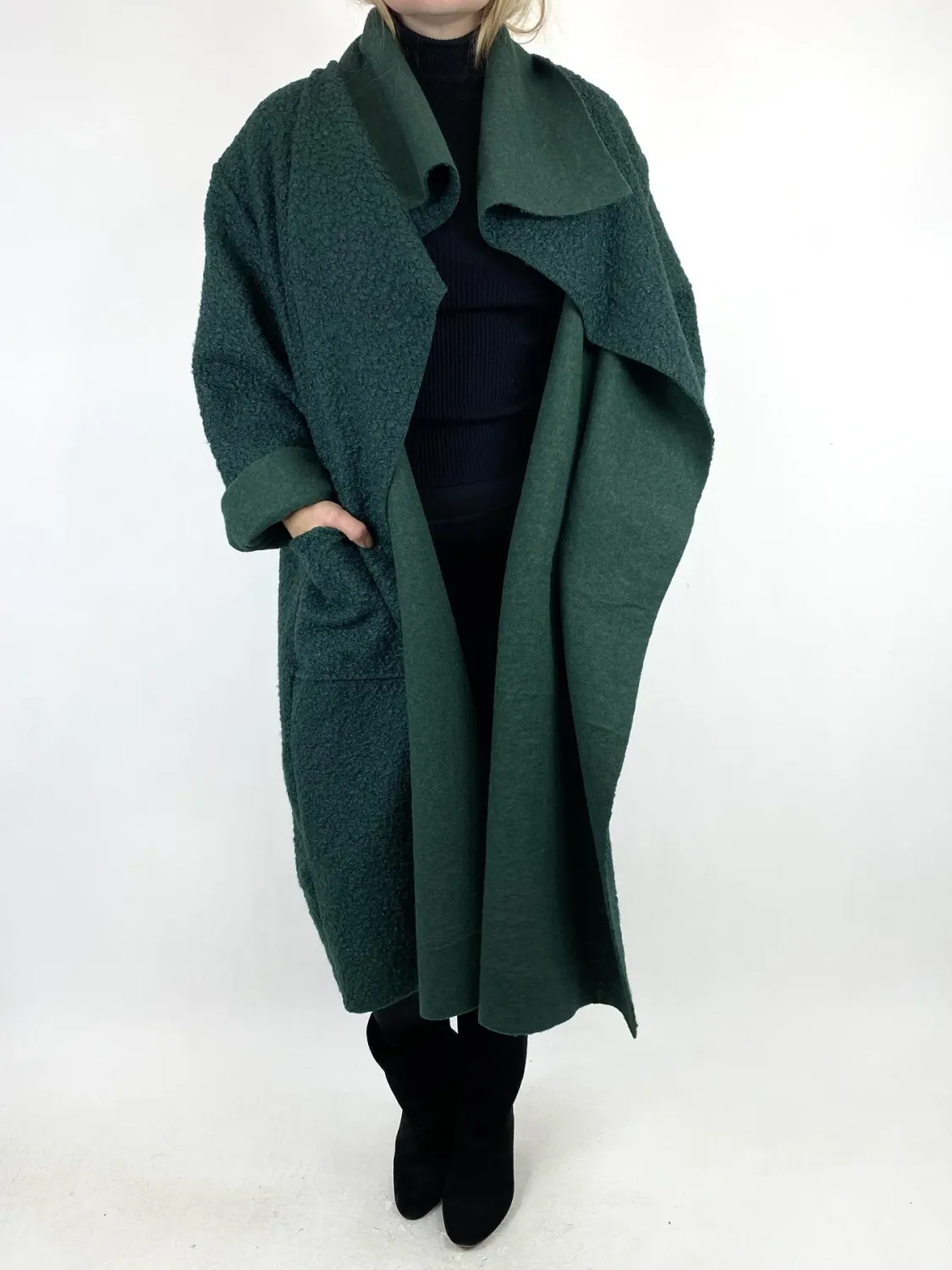 Lagenlook Waterfall Boucle Coat in Racing Green Lagenlook Waterfall Boucle Coat in Racing Green