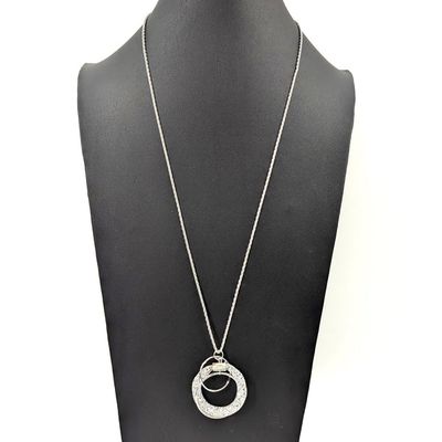Encased Crystal Circle Pendant Necklace On Long Chain Encased Crystal Circle Pendant Necklace On Long Chain