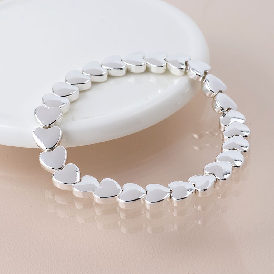Silver Plated Polished Small Hearts Stretch Bracelet