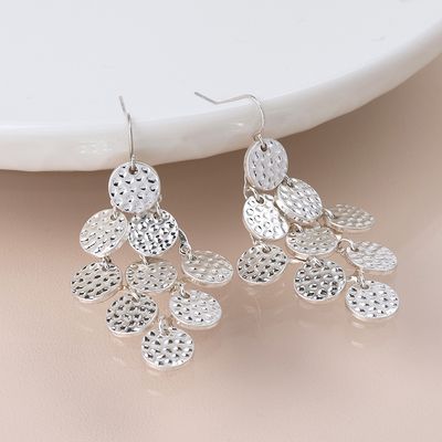 Silver Plated Multi Hammered Disc Drop Earrings