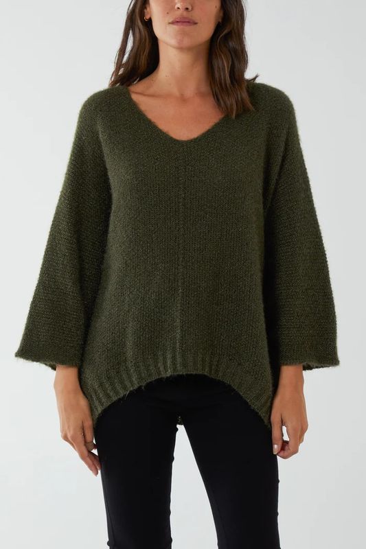 Fluffy V-Neck Exposed Seams Jumper