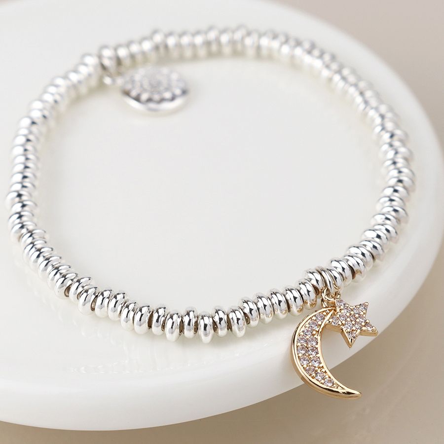 Pom Silver plated crystal crescent moon and star bracelet