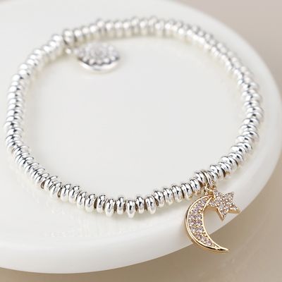 Pom Silver plated crystal crescent moon and star bracelet