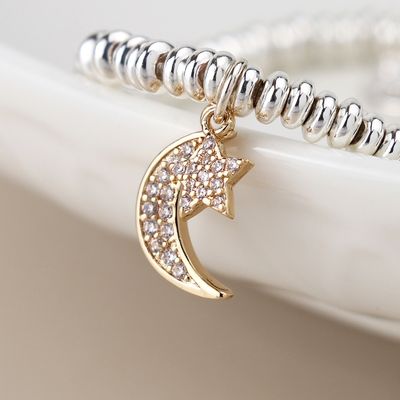 Pom Silver plated crystal crescent moon and star bracelet