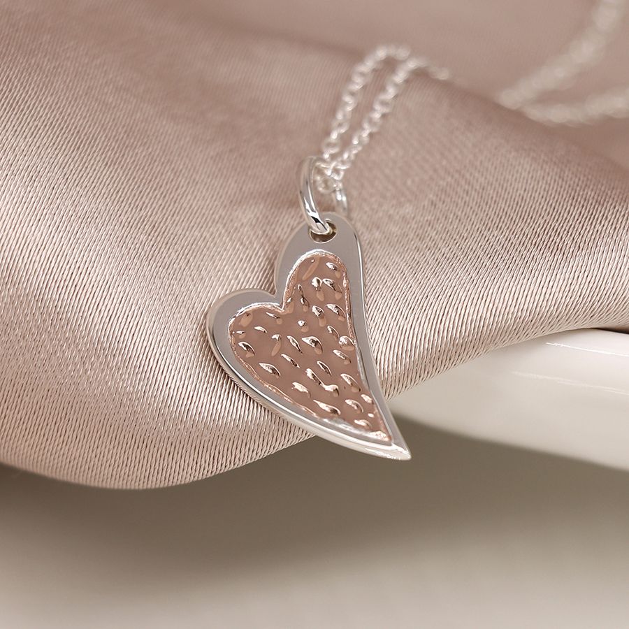 Pom Sterling silver and rose gold textured heart necklace
