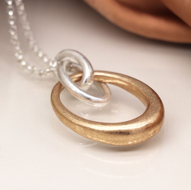 Pom Silver plated and faux gold worn finish linked triple hoop necklace