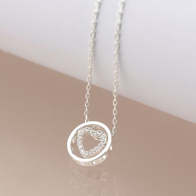Pom Silver plated crystal heart in circle necklace