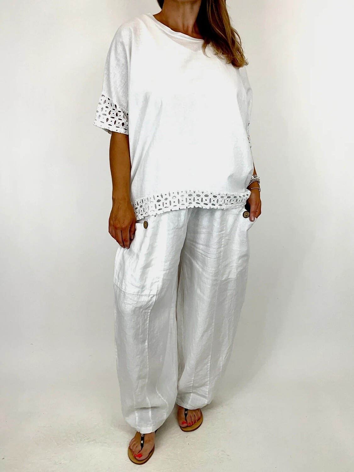 LAGENLOOK SONYA BRODERIE HEM TOP, Colour: WHITE