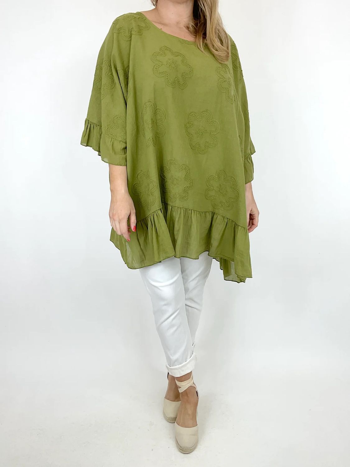 LAGENLOOK AVA FRILL TOP, Colour: OLIVE