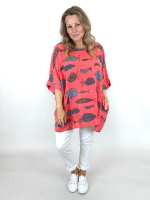 Made in Italy  Fish Print Cotton Top  Coral