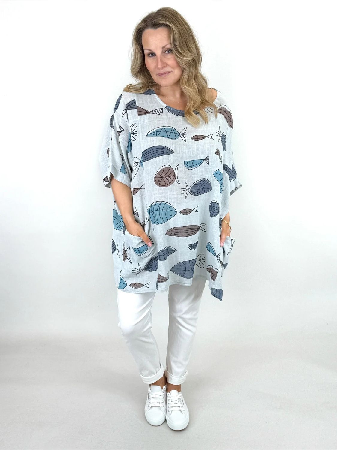 Made in Italy  Fish Print Cotton Top  Light Grey