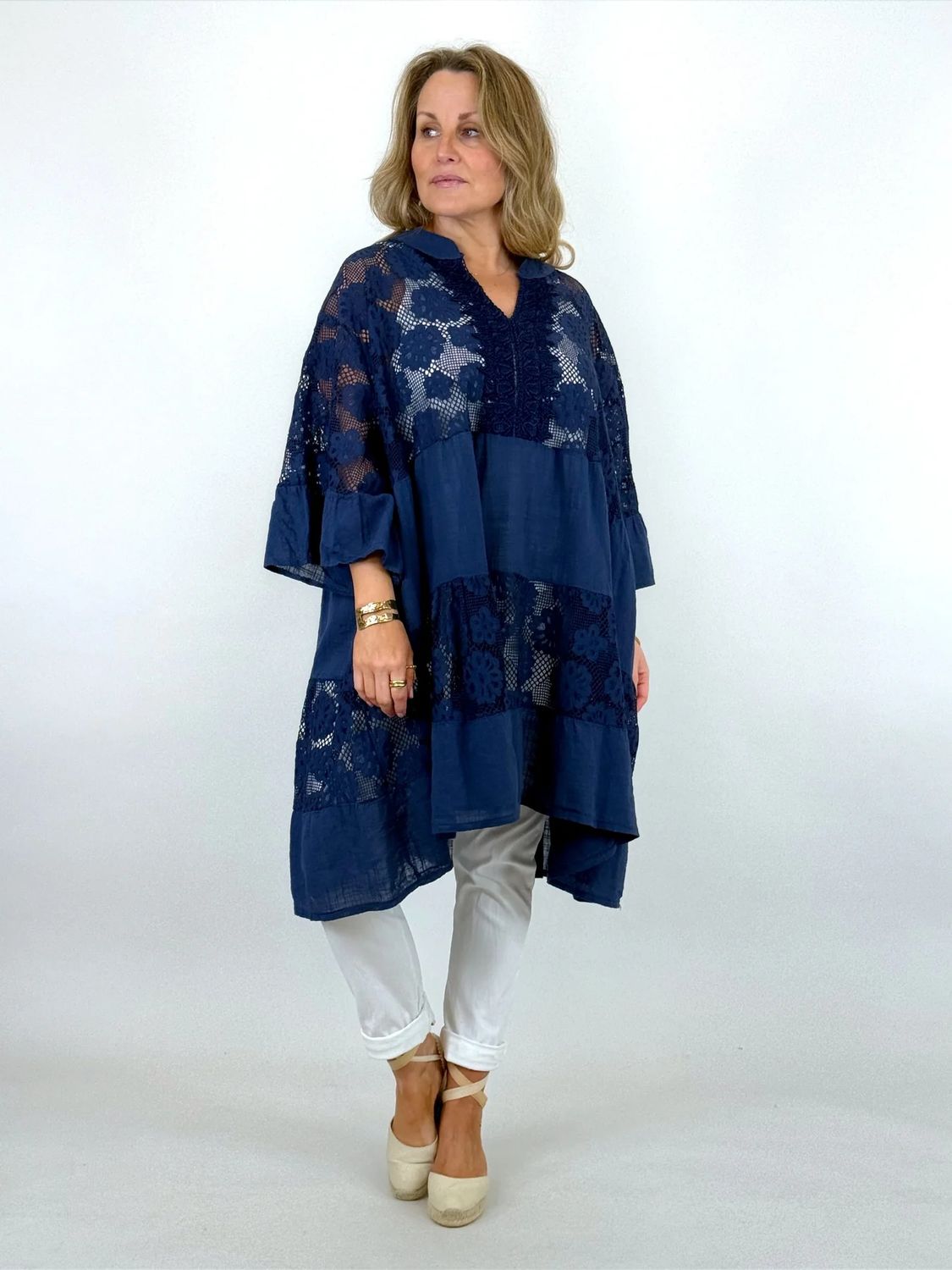 Made in Italy | Ives Lace V- Neck Top | Navy