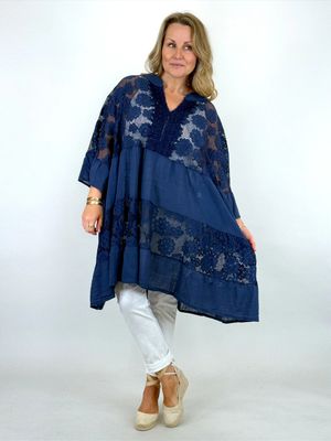 Made in Italy | Ives Lace V- Neck Top | Navy