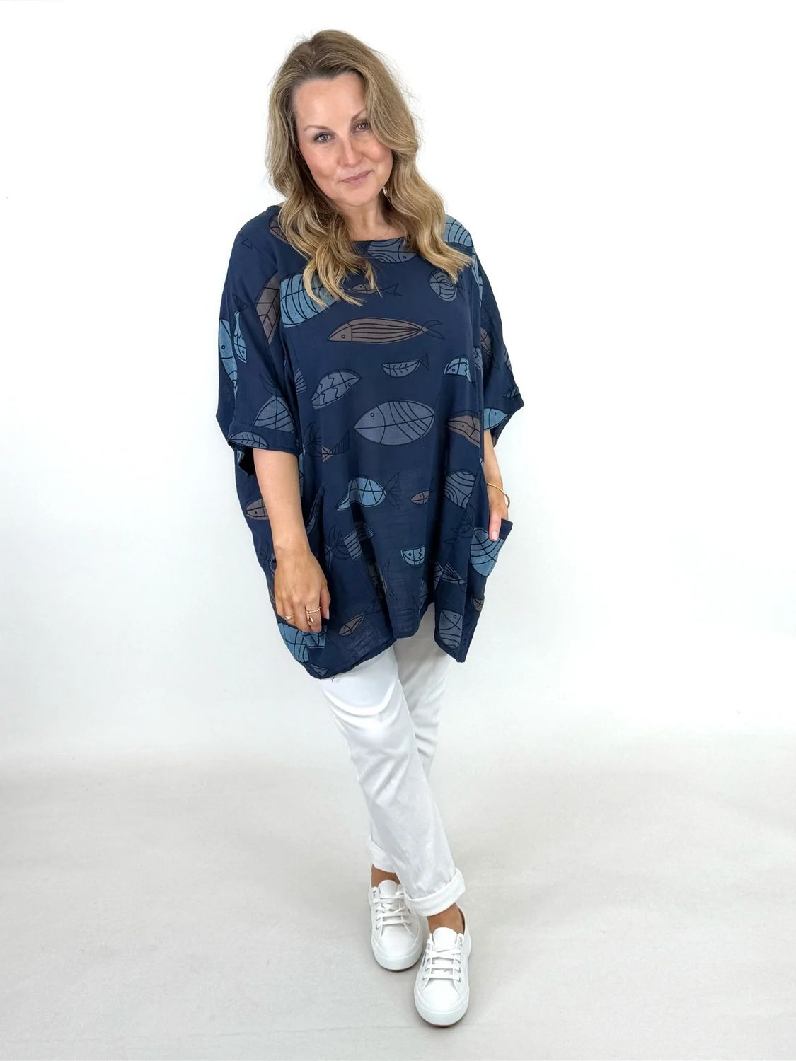 Made in Italy | Fish Print Cotton Top | Navy