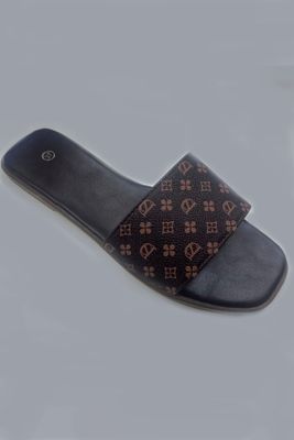 Chocolate Monogram Strap Slide Sandals