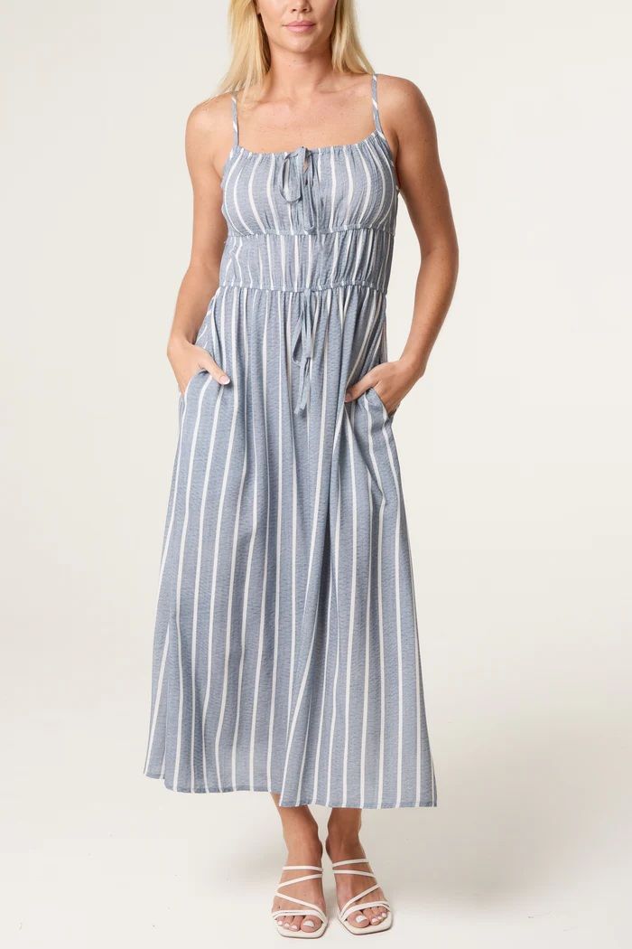Pinstripe Tie Front Bust Dress Denim