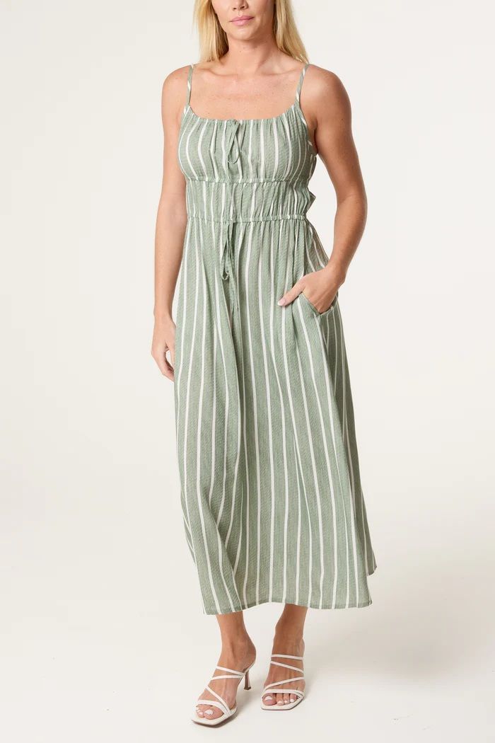 Pinstripe Tie Front Bust Dress Khaki