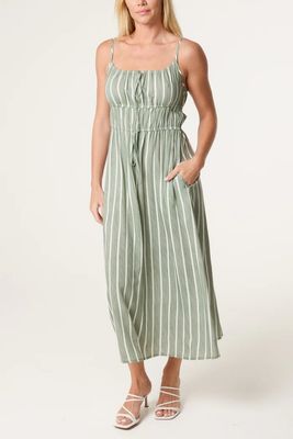 Pinstripe Tie Front Bust Dress Khaki