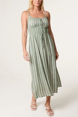 Pinstripe Tie Front Bust Dress Khaki
