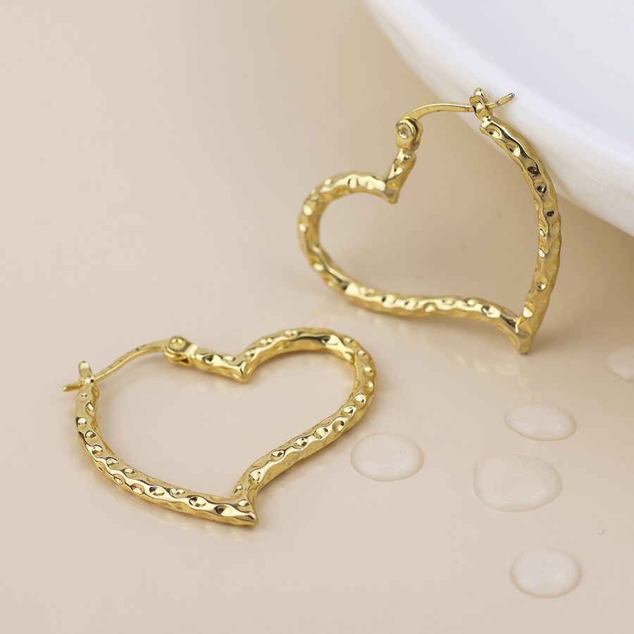 Waterproof Gold Plated Beaten Heart Hoop Earrings