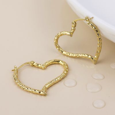 Waterproof Gold Plated Beaten Heart Hoop Earrings