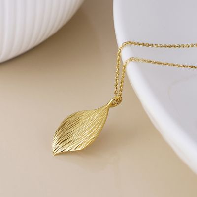 14k Gold Plated Textured Curved Leaf Necklace