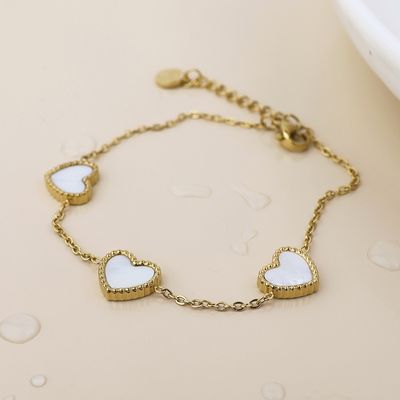 Waterproof Gold Plated White Enamel Hearts Bracelet