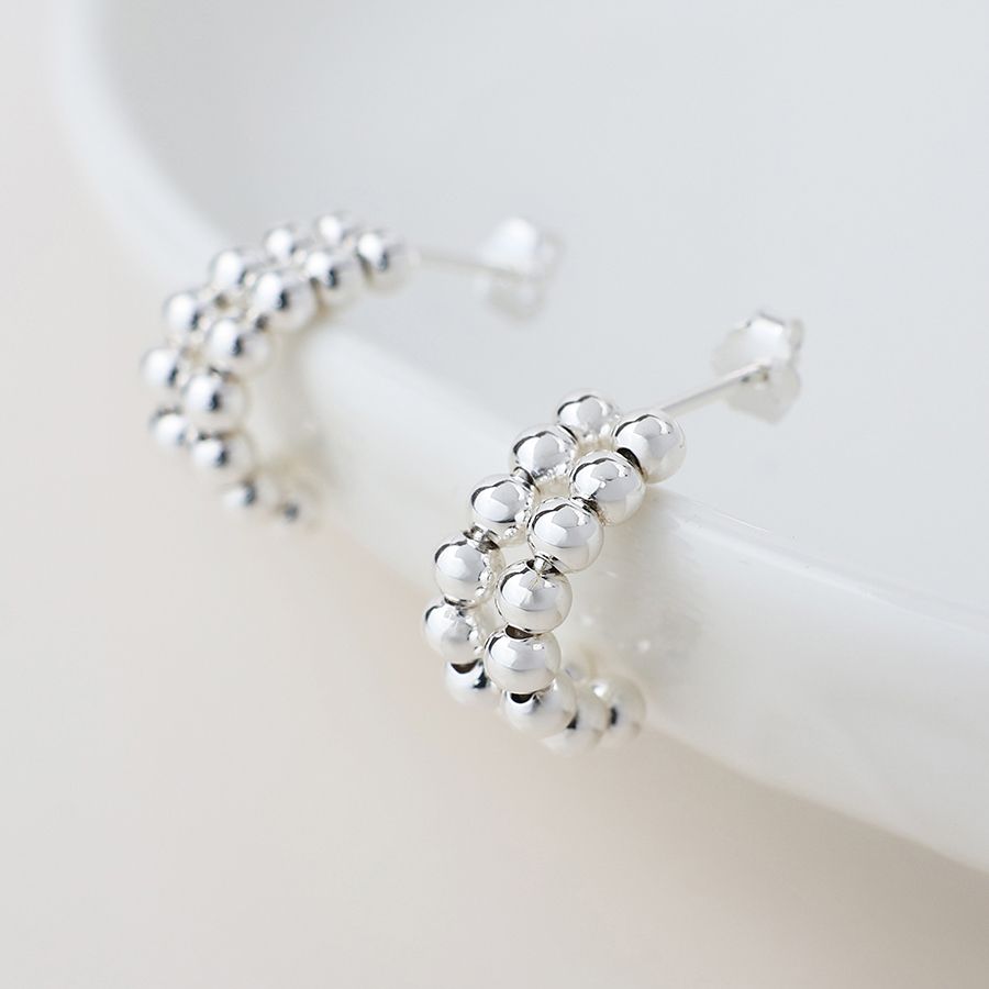 Sterling Silver Double Bead Huggie Hoop Earrings
