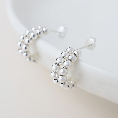 Sterling Silver Double Bead Huggie Hoop Earrings