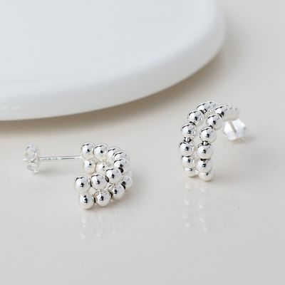 Sterling Silver Double Bead Huggie Hoop Earrings