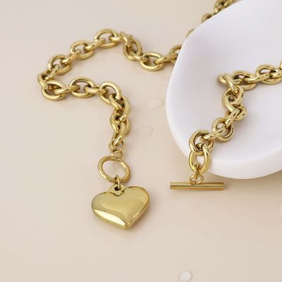 Stevie Stainless Steel Gold Plated Chunky Chain Heart Charm T-Bar Necklace