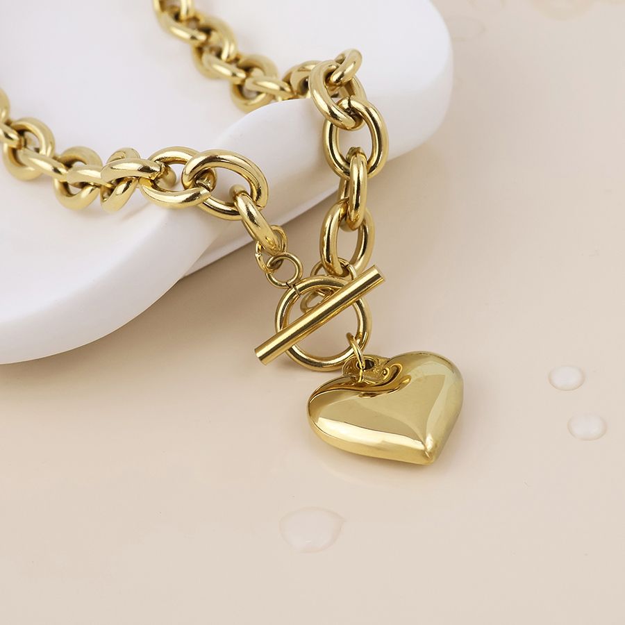 Stevie Stainless Steel Gold Plated Chunky Chain Heart Charm T-Bar Necklace