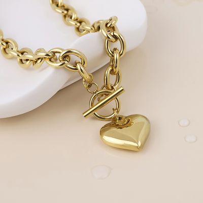 Stevie Stainless Steel Gold Plated Chunky Chain Heart Charm T-Bar Necklace