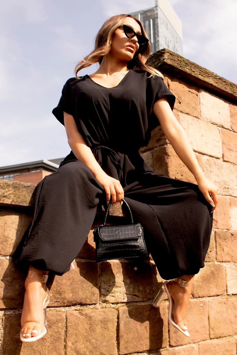 Beige Tie Waist Harem Jumpsuit