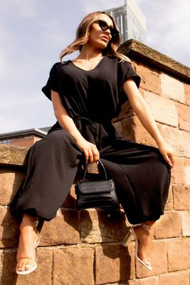 Beige Tie Waist Harem Jumpsuit