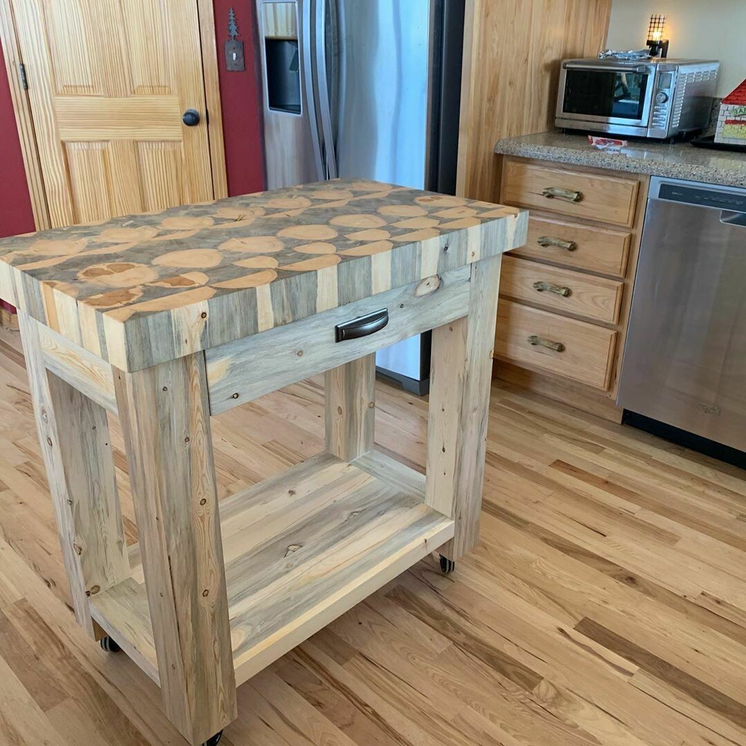 Beetle Kill Butcher Block Island -With Drawer & Casters